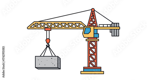A construction crane holds a concrete block