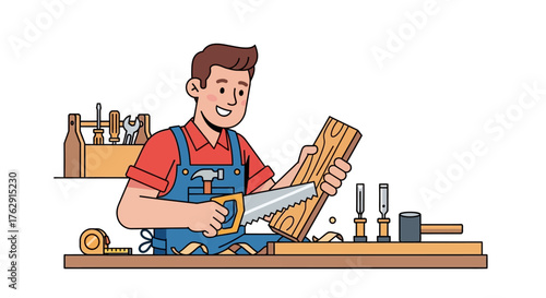A smiling carpenter saws wood at a workbench with tools nearby