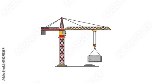 A tower crane lifting a rectangular concrete load with cables
