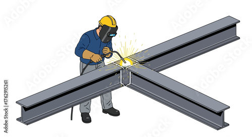 A welder wearing protective gear welds an Hbeam joint sparks flying on a white background