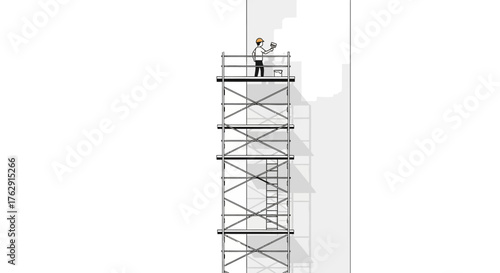A worker stands on tall scaffolding painting the side of a building in an illustration