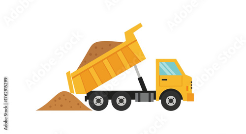 A yellow dump truck is offloading a pile of brown dirt onto a white background