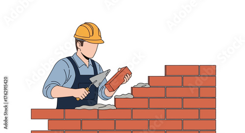 Bricklayer with trowel  brick building a wall with mortar