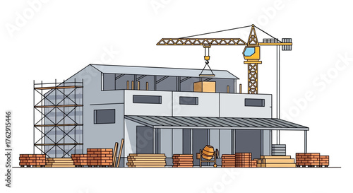 Building under construction with scaffolding crane bricks wood cement mixer