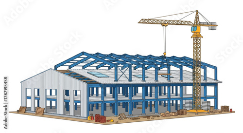 Building under construction with blue steel frame and a yellow crane construction site unfinished