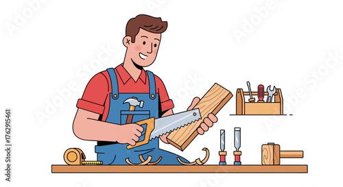 Cartoon carpenter sawing wood at a workbench tools nearby happy face