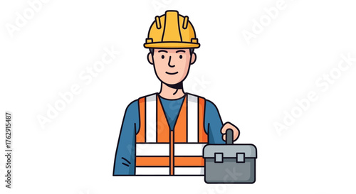 Cartoon construction worker wears yellow hard hat  orange safety vest holding grey toolbox