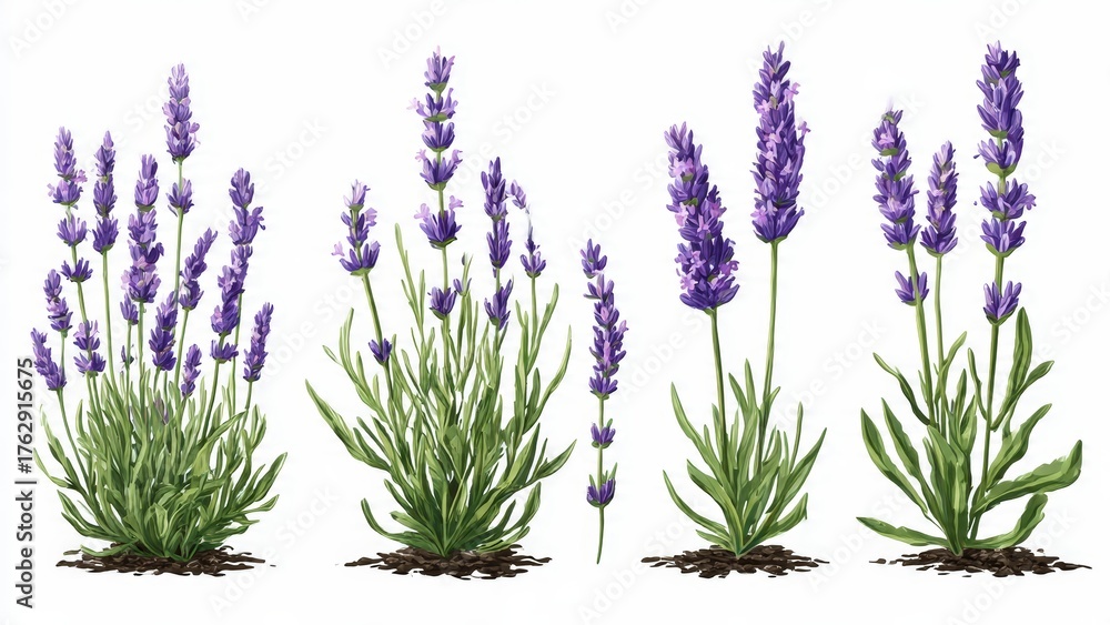 Naklejka premium Four watercolor illustrations of purple lavender plants with green leaves and soil