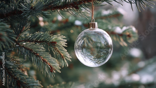 Close up of a clear glass Christmas ornament hanging on a pine tree branch with soft bokeh background