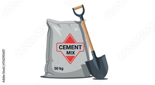 Cement mix bag and shovel on a white background