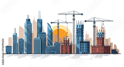 City skyline under construction various buildings cranes and an orange sun against a white backdrop