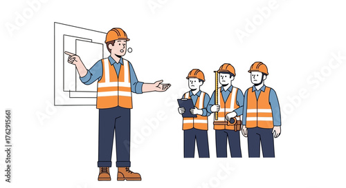Construction foreman explaining plans to three construction workers