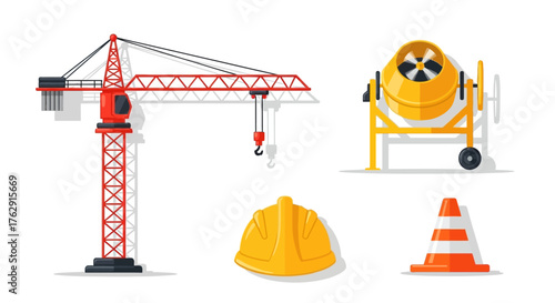 Construction scene crane mixer hardhat  cone cartoon style