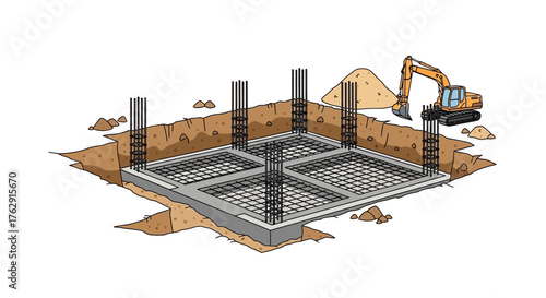 Construction foundation steel rebar and excavator near dirt mound