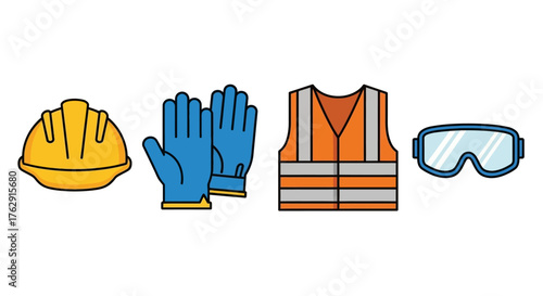 Construction safety gear hard hat gloves vest and goggles displayed