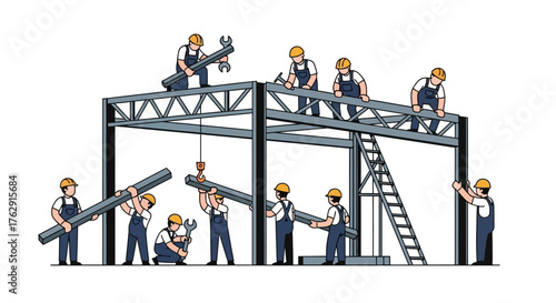 Construction scene workers assemble steel structure with tools using a crane and ladder