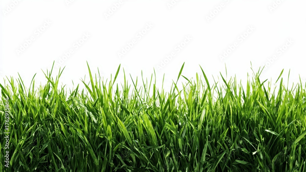 Fototapeta premium Vibrant green grass blades against a clean bright white background showing lush growth