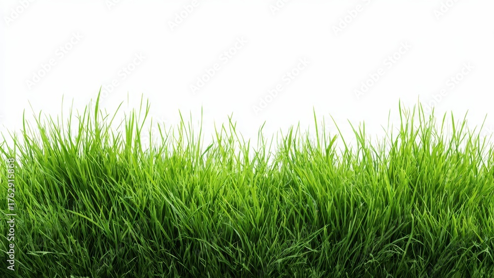 Fototapeta premium Lush green grass blades extending across a clean white background detailed and vibrant