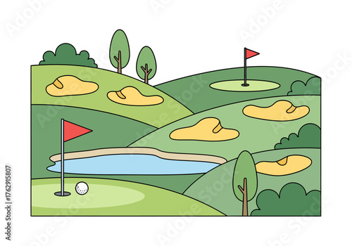 A stylized vector illustration of a scenic golf course with rolling green hills, multiple sand bunkers, and a tranquil water hazard
