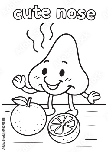 coloring book cute nose smelling fresh orange and lemon, learning about fruits and scent
