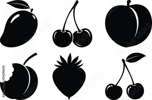 Black silhouette icons of mango cherry peach strawberry bitten apple vector