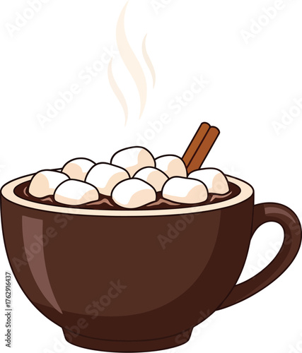 Steaming mug of hot chocolate with marshmallows and cinnamon stick on white background