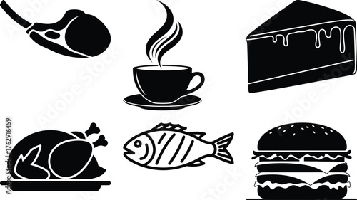 Black silhouette icons of roast chicken fish burger coffee cup and cake slice food drink
