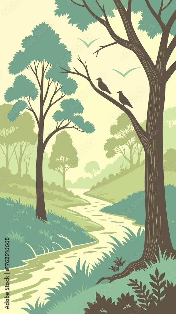 Obraz premium A serene landscape illustration of a winding river with two birds perched on a tree.