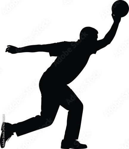 Black silhouette of a man bowling a ball in motion sport