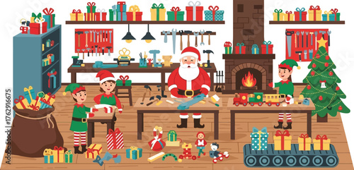 Santa and elves working in a toy workshop at the north pole on white background