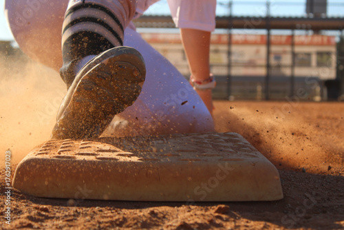 Closeup of Softball Runner Touching Base During Game