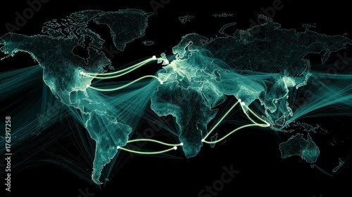Abstract visualization of global rare earth supply network feeding EV industry, world map design, tech aesthetic, clean lines, rare earth for electric vehicles