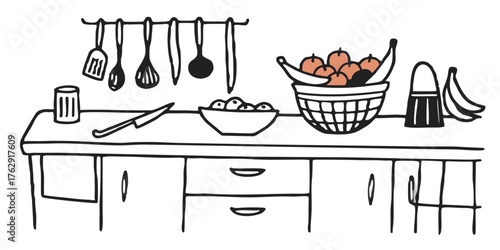 Illustration of kitchen utensils fruit basket bananas apples knife counter bowl and cooking tools on a table