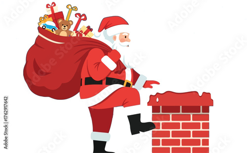 Santa claus climbing down chimney with gifts on christmas eve on white background