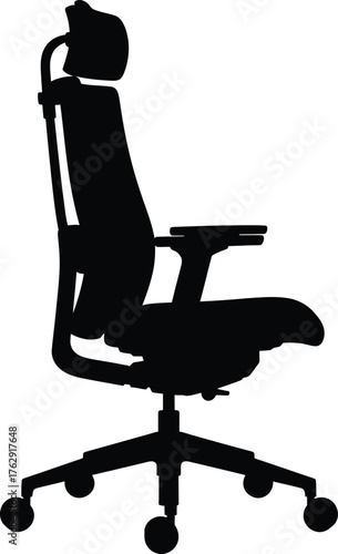 Black silhouette of an ergonomic office chair with headrest and wheels white