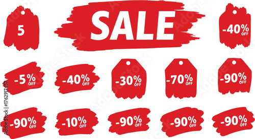 Red sale tags with discount percentages and text on white background vector
