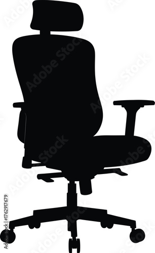 Black silhouette of an ergonomic office chair with headrest and armrests white
