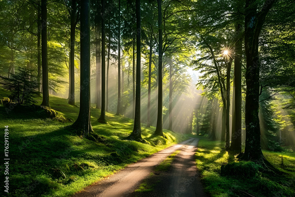 Obraz premium A serene forest path illuminated by sunlight, showcasing lush greenery and tranquil surroundings for nature lovers.
