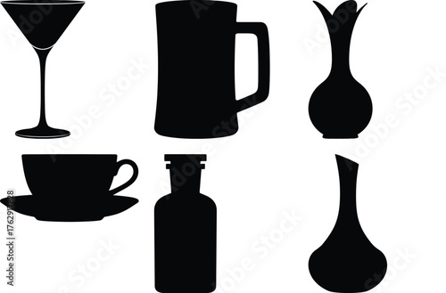 Black silhouettes of cocktail glass mug cup bottle and vases on white background vector