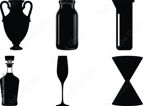 Black silhouettes of amphora bottle beaker champagne flute decanter hourglass vector