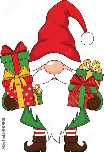 Festive christmas gnome holding gifts in a holiday illustration on white background