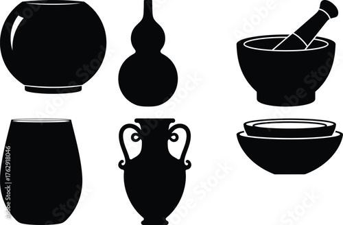 Black silhouettes of six different pottery and kitchen vessels vase