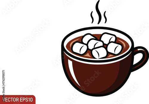 Hot chocolate with marshmallows in a brown mug with steam rising on white background
