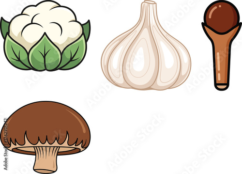 Cartoon cauliflower garlic mushroom and clove on white background spice