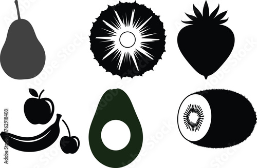 Collection of black and dark green fruit silhouettes including pear apple banana avocado strawberry kiwi