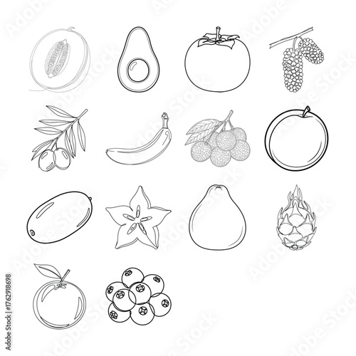 Collection of black and white line art illustrations of various fruits and vegetables outline
