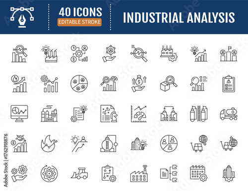 industrial analysis line icon set. Includes market,
trend, report, insight, research, growth, risk,
strategy, supply chain, competitor and more.
Vector Illustration with Editable Strokes