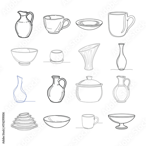 Collection of line art drawings of various ceramic and glass vessels pitcher bowl