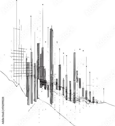 Abstract representation of data with lines and bars on a white background and minimalist design style
