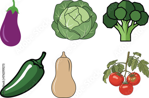Collection of six colorful cartoon vegetables including eggplant cabbage broccoli jalapeno squash and tomatoes